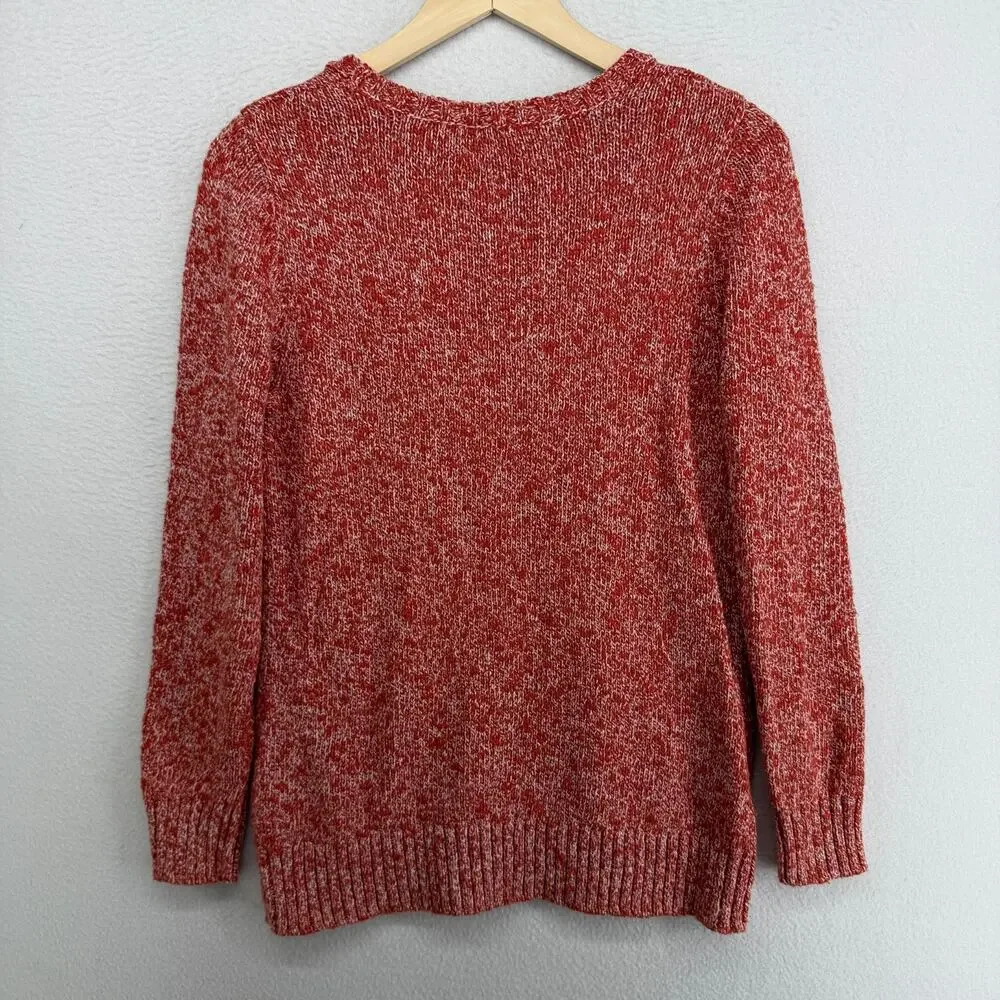 LL BEAN Sweater Womens M Cotton Ragg Pullover Crew Neck Jumper Marled Red